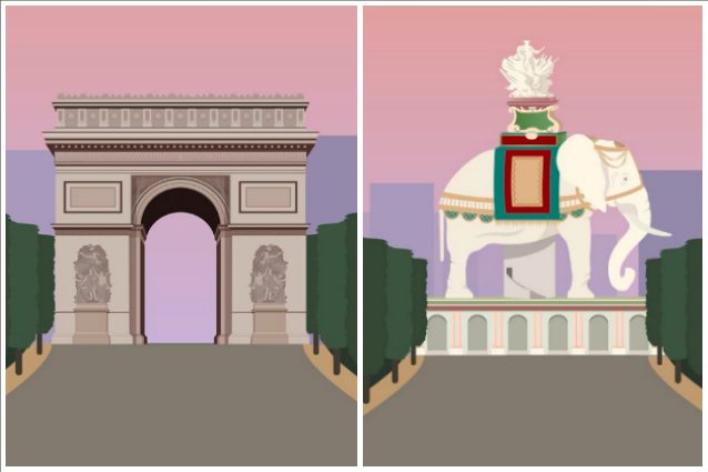 Figura 4. Come sarebbero ora gli Champs-Élysées se al posto dell’Arco di Trionfo ci fosse l’edificio a forma di elefante di Ribart. Immagine tratta dal sito fanpage.it.