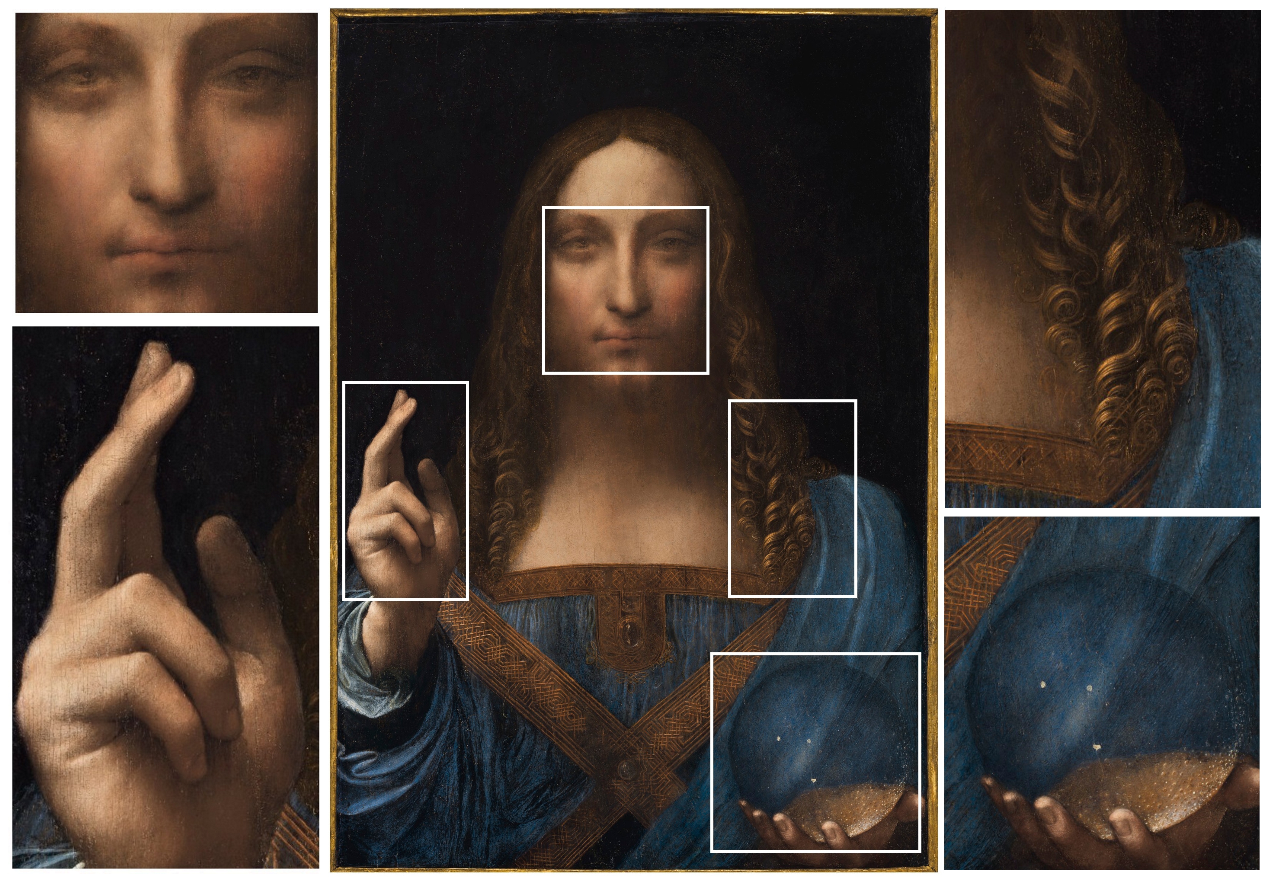 Figura 2. Salvator Mundi, particolari discussi da Jacques Franck.